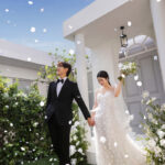 前撮り　ガーデン　花びら　ブーケ